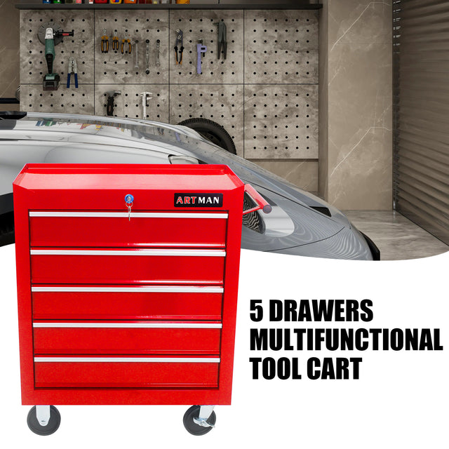 5 DRAWERS MULTIFUNCTIONAL TOOL CART WITH WHEELS-RED