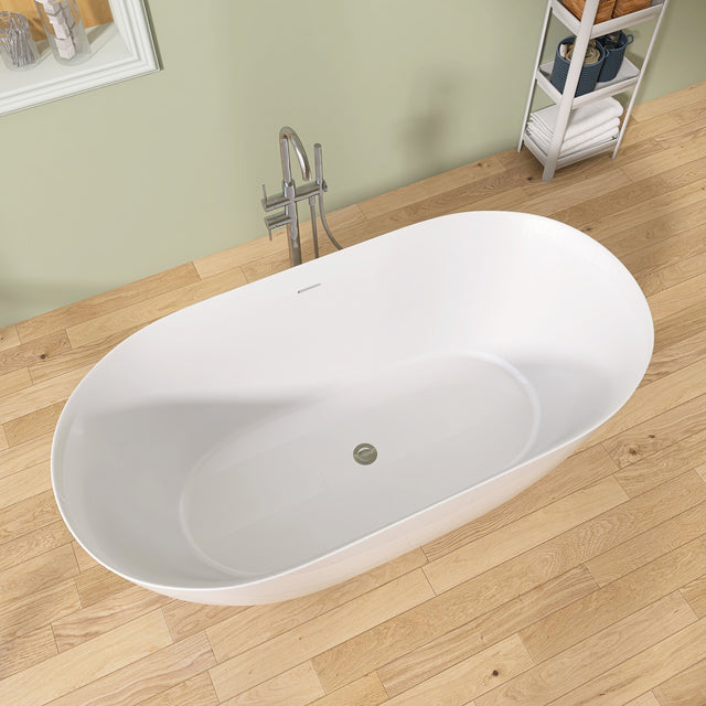 67" Acrylic Free Standing Tub - Classic Oval Shape Soaking Tub, Adjustable Freestanding Bathtub with Integrated Slotted Overflow and Chrome Pop-up Drain Anti-clogging Gloss White