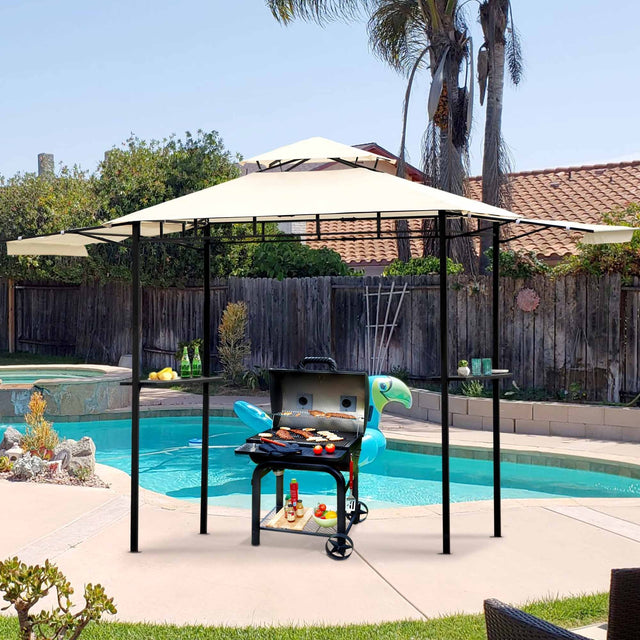 TOPMAX 12Ft.Lx4.3Ft.W Iron Double Tiered Backyard Patio BBQ Grill Gazebo with Bar Counters, Beige