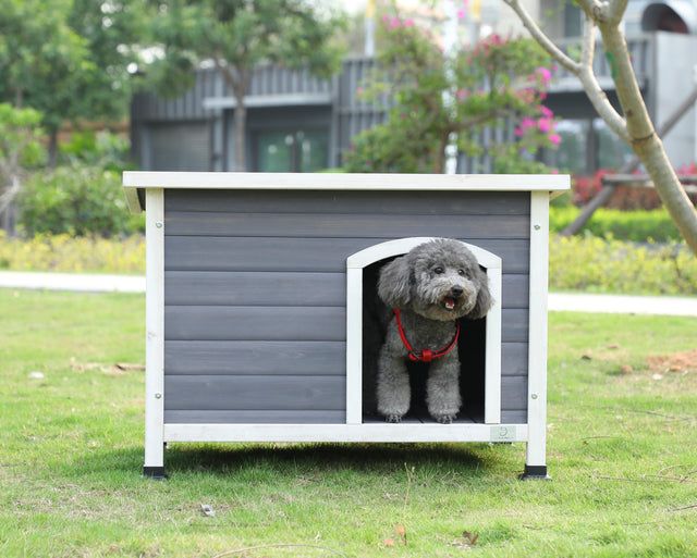 Outdoor Wooden Dog House with Hinges,Raised Feet,Openable Asphalt Roof&Removable Floor