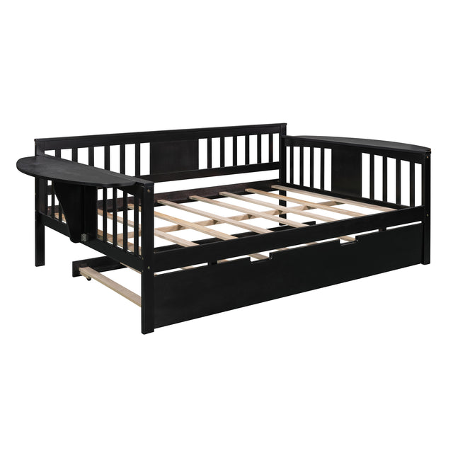Full size Daybed with Twin size Trundle, Wood Slat Support, Espresso