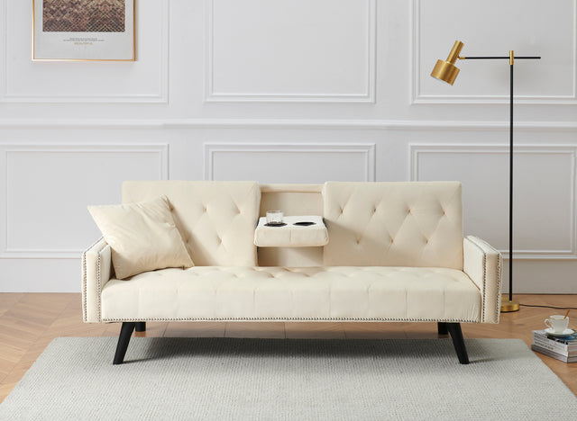 1730 Sofa Bed Armrest with Nail Head Trim with Two Cup Holders 72" Beige Velvet Sofa for Small Spaces