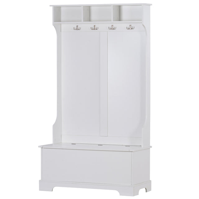 ON-TREND Hall Tree with 4 Hooks and Hinged Lid, Coat Hanger, Entryway Bench, Storage Bench, 3-in-1 Design, for Entrance, Hallway (White)