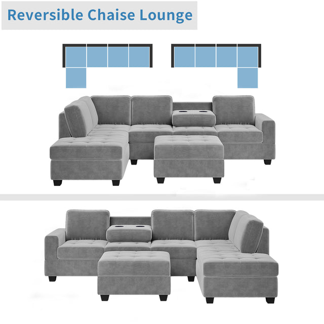 Orisfur. Modern Sectional Sofa with Reversible Chaise, L Shaped Couch Set with Storage Ottoman and Two Cup Holders for Living Room