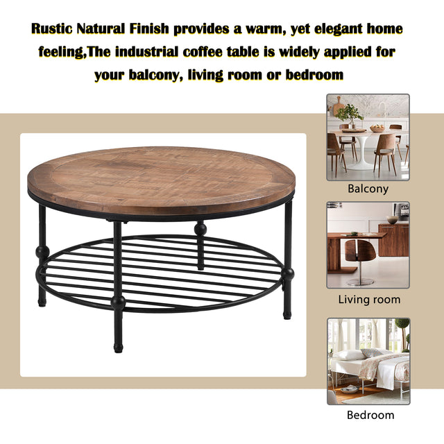 TREXM Rustic Natural Round Coffee Table with Storage Shelf for Living Room, Easy Assembly (Round)