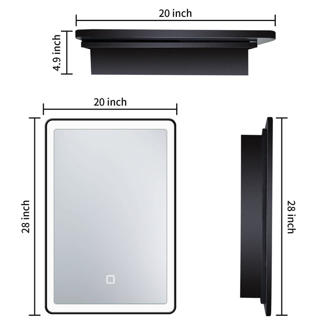 20x28 inch 3 colors with light Black framed Wall mount Medicine Cabinet with Mirror Anti-fog function