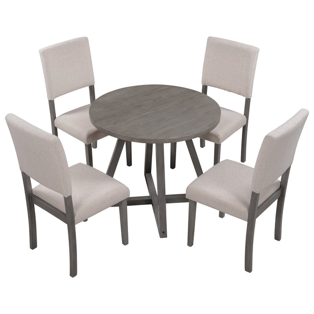 TOPMAX Mid-Century Wood 5-Piece Kitchen Dining Table Set with Round Table, 4 Upholstered Dining Chairs for Small Places, Gray Table + Beige Chair