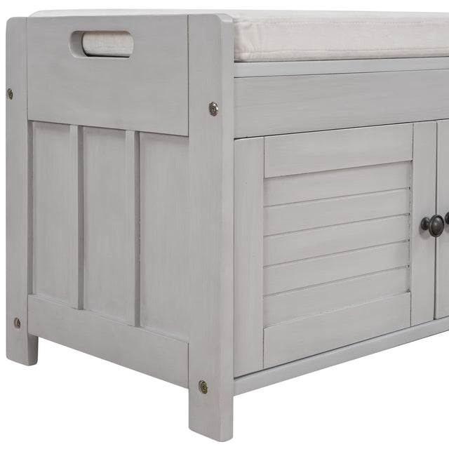 TREXM Storage Bench with 3 Shutter-shaped Doors, Shoe Bench with Removable Cushion and Hidden Storage Space (Gray Wash)