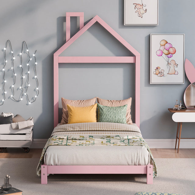 Twin Size Wood Platform Bed with House-shaped Headboard (Pink)