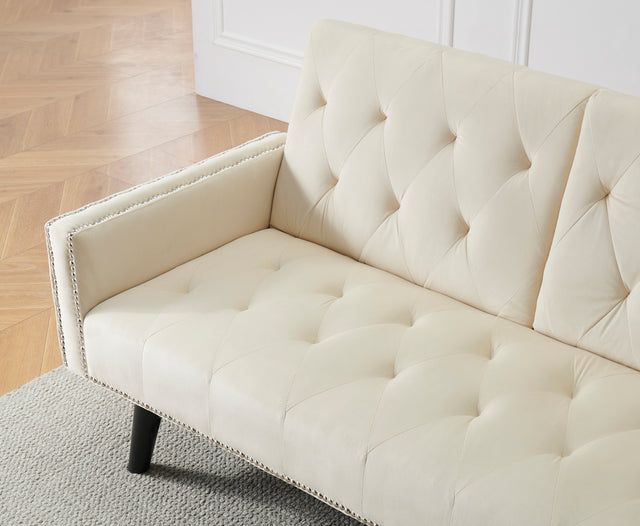 1730 Sofa Bed Armrest with Nail Head Trim with Two Cup Holders 72" Beige Velvet Sofa for Small Spaces