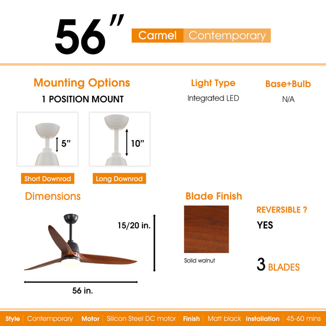 56 Inch Ceiling Fan Light With 6 Speed Remote Energy-saving DC Motor Matte Black