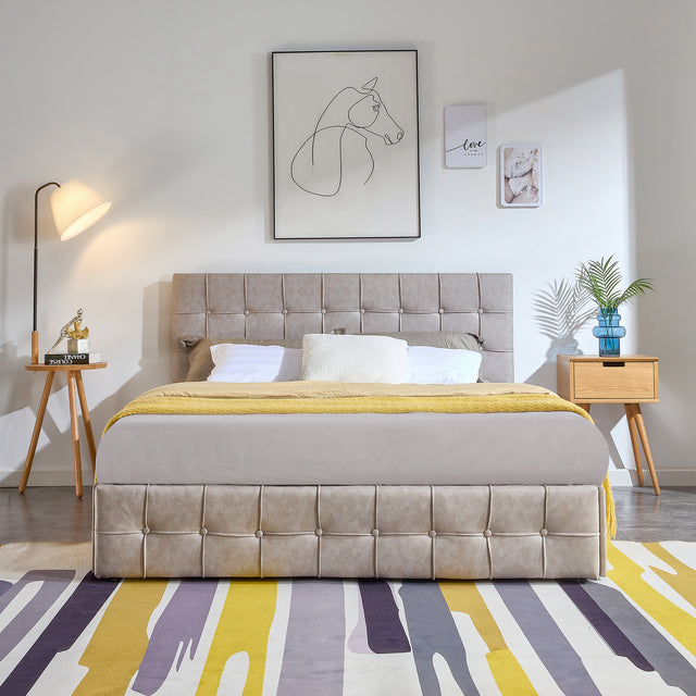 Upholstered Storage Bed Frame with 4 Drawers and Adjustable Headboard, Square Stitched Button Tech cloth, Platform Beds Frame with Wood Slat Support, No Box Spring Needed, Queen Size, Beige