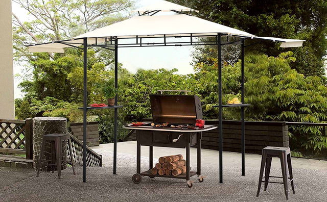 TOPMAX 12Ft.Lx4.3Ft.W Iron Double Tiered Backyard Patio BBQ Grill Gazebo with Bar Counters, Beige