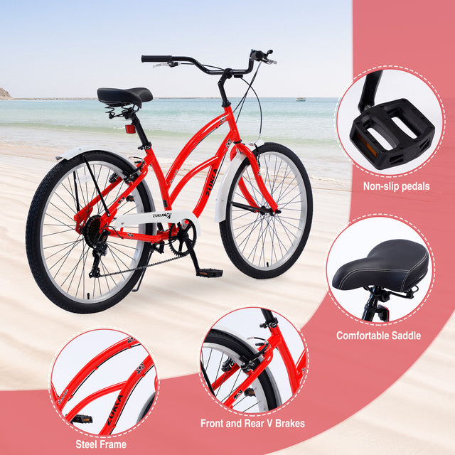 7 Speed Bicycles, Multiple Colors 26"Inch Beach Cruiser Bike