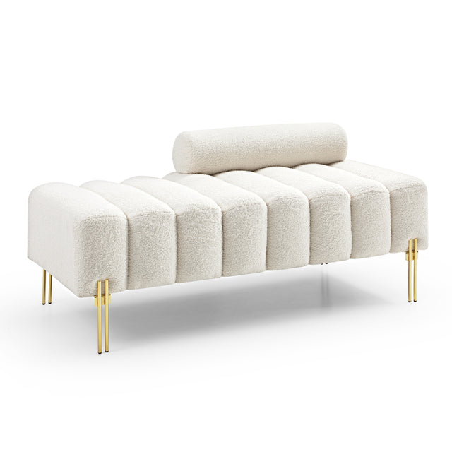 53.2” Width Modern End of Bed Bench Sherpa Fabric Upholstered 2 Seater Sofa Couch Entryway Ottoman Bench Fuzzy Sofa Stool Footrest Window Bench with Gold Metal Legs for Bedroom Living Room,Beige