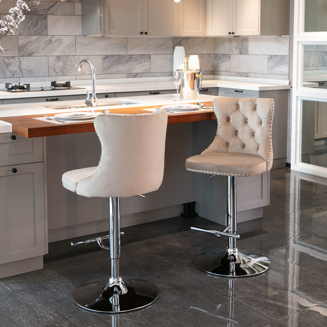 A&A Furniture,Swivel Velvet Barstools Adjusatble Seat Height from 25-33 Inch, Modern Upholstered Chrome base Bar Stools with Backs Comfortable Tufted for Home Pub and Kitchen Island(Khaki,Set of 2)