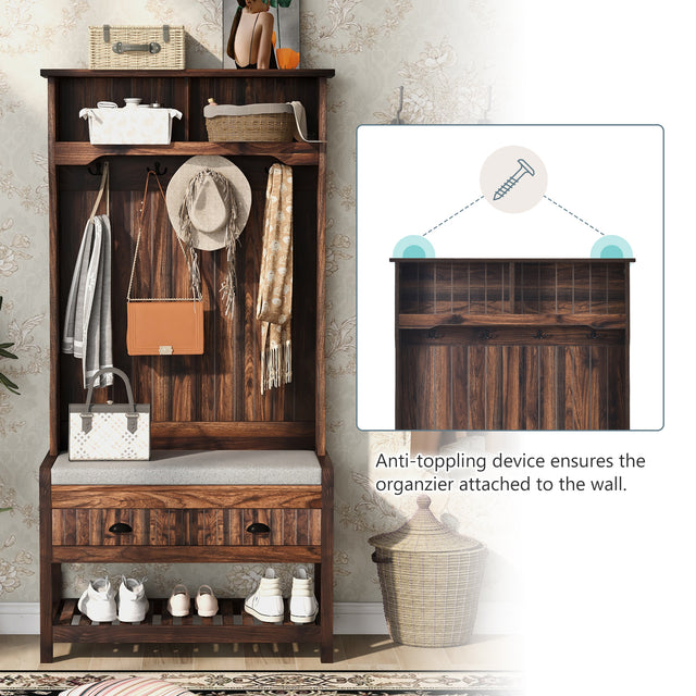 U-Can Hall Tree with 4 Hooks and Hinged Lid, Coat Hanger, Entryway Bench, Storage Bench, 3-in-1 Design, 69INCH, for Entrance, Hallway (Tiger)