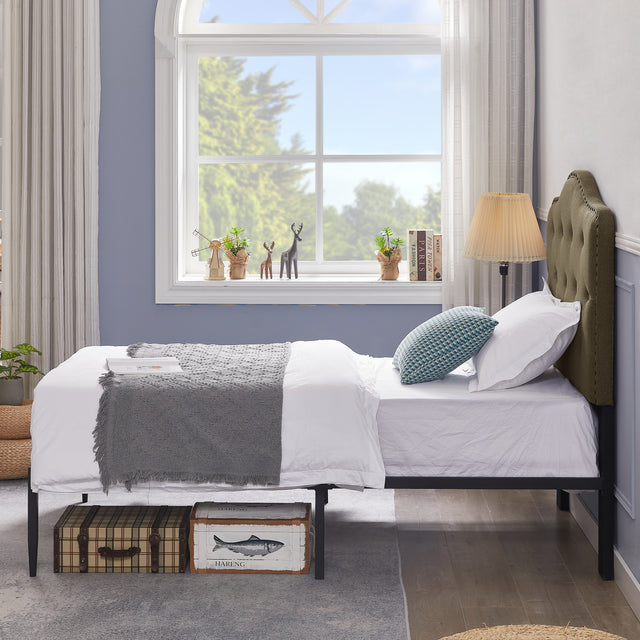 B113 Twin bed, Beautiful headboard with buttons Strong iron frame with high temperature paint