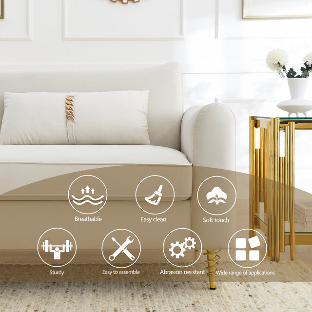 80.3" Modern Sofa Couch Upholstered Sofa Tufted Back Comfy Velvet Long Couch with 2 Pillows and Golden Legs for Living Room, Bedroom, Office, Apartment, Beige