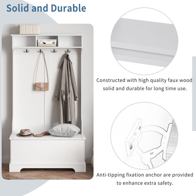 ON-TREND Hall Tree with 4 Hooks and Hinged Lid, Coat Hanger, Entryway Bench, Storage Bench, 3-in-1 Design, for Entrance, Hallway (White)