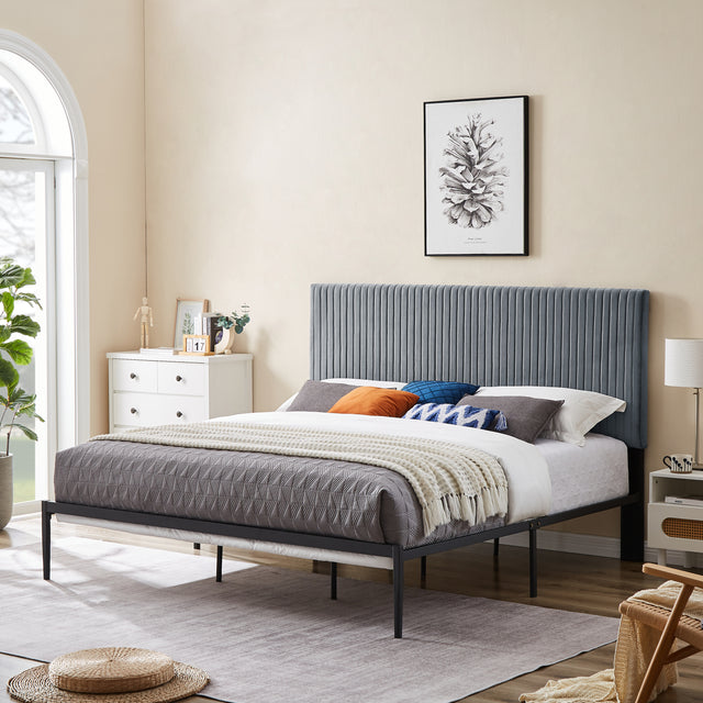 B110 King bed Beautiful line stripe cushion headboard Strong iron frame with high temperature paint