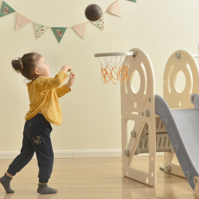 Kids Slide Playset Structure 9 in 1, Freestanding Castle Climbing Crawling Playhouse with Slide, Arch Tunnel, Ring Toss, Realistic Bus Model and Basketball Hoop, Toy Storage Organizer for Toddlers