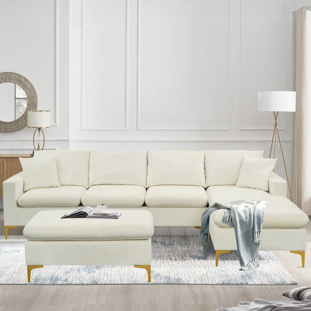 【EAT 3.10】110.6" Sectional Sofa with Ottoman, L-Shape Elegant Velvet Upholstered Couch with 2 Pillows for Living Room Apartment,Cream White