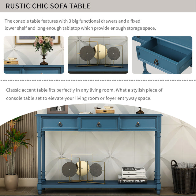TREXM Console Table Sofa Table with Drawers for Entryway with Projecting Drawers and Long Shelf (Antique Navy)