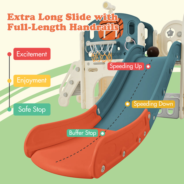 Kids Slide Playset Structure 9 in 1, Freestanding Castle Climbing Crawling Playhouse with Slide, Arch Tunnel, Ring Toss, Realistic Bus Model and Basketball Hoop, Toy Storage Organizer for Toddlers