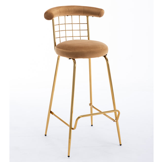 Bar Stool Set of 2, Luxury Velvet High Bar Stool with Metal Legs and Soft Back, Pub Stool Chairs Armless Modern Kitchen High Dining Chairs with Metal Legs, Camel