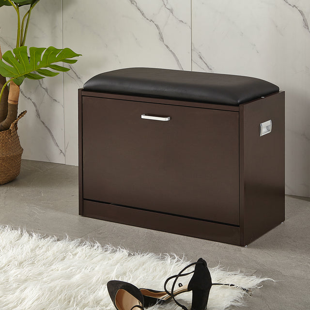 Living room shoe bench with PU seat,small size shoe cabinet,brown finish
