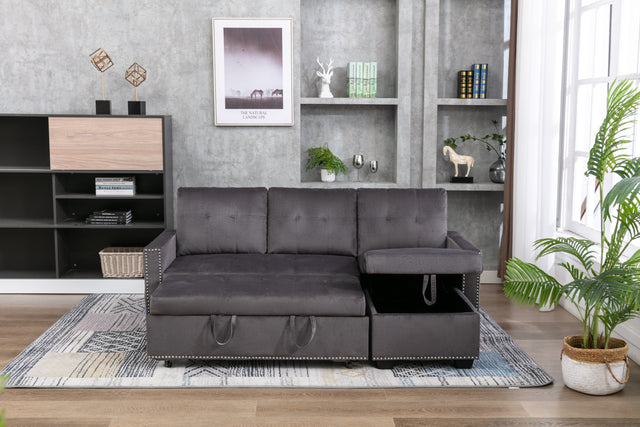 77 Inch Reversible Sectional Storage Sleeper Sofa Bed , L-Shape 2 Seat Sectional Chaise With Storage , Skin-Feeling Velvet Fabric ,Dark Grey Color For Living Room Furniture
