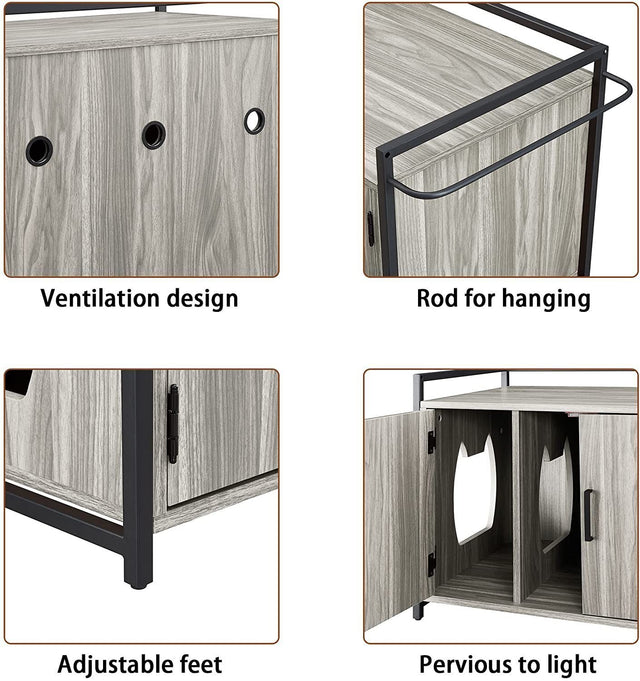 Hidden Cat Litter Box Furniture with Ventilation and Bench Seat, Pet Crate with Iron and Wood Sturdy Structure