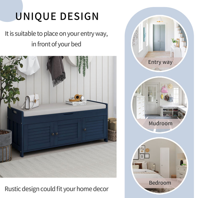 TREXM Storage Bench with 3 Shutter-shaped Doors, Shoe Bench with Removable Cushion and Hidden Storage Space (Antique Navy)