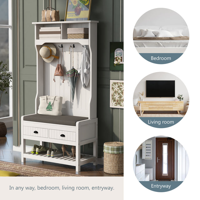 U-Can Hall Tree with 4 Hooks and Hinged Lid, Coat Hanger, Entryway Bench, Storage Bench, 3-in-1 Design, 69INCH, for Entrance, Hallway (White)