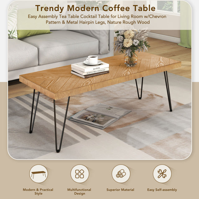 ON-TREND Modern Coffee Table, Easy Assembly Tea Table, Thicken Cocktail Table with w/Chevron Pattern & Metal Hairpin Legs for Living Room, Ash Wood Finished