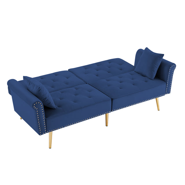 Modern Velvet Tufted Sofa Couch with 2 Pillows and Nailhead Trim, Loveseat Sofa Futon Sofa Bed with Metal Legs for Living Room.