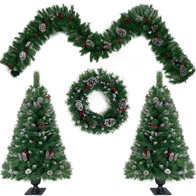 Pre-lit Xmas Tree Artificial Christmas 4-Piece Set,Garland, Wreath and Set of 2 Entrance Trees X-mas