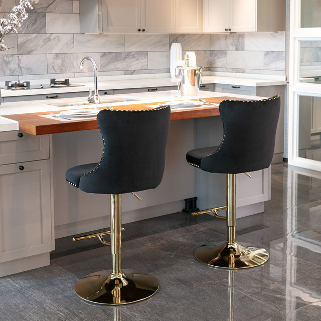A&A Furniture,Golden Swivel Velvet Barstools Adjusatble Seat Height from 25-33 Inch, Modern Upholstered Bar Stools with Backs Comfortable Tufted for Home Pub and Kitchen Island(Black,Set of 2)