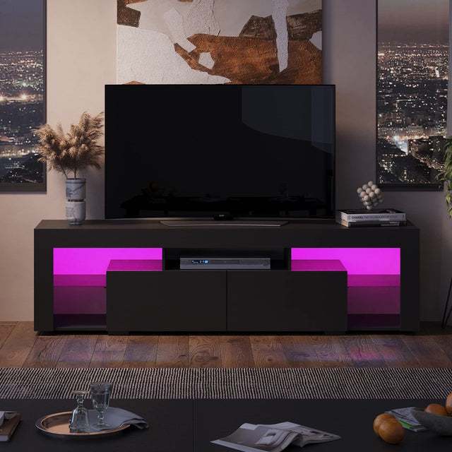 LED TV Stand for 60/65/70 Inch TV, Entertainment Center with Open Shelves, TV Console with 2 Storage Drawers for Bedroom, Living Room, Media Stand with Display Glass, Black