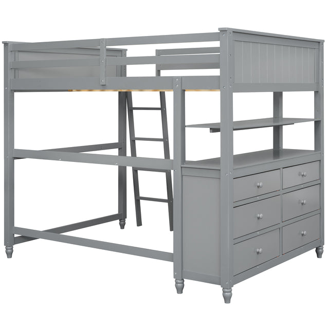 Full size Loft Bed with Drawers and Desk, Wooden Loft Bed with Shelves - Gray(OLD SKU:LT000529AAE)