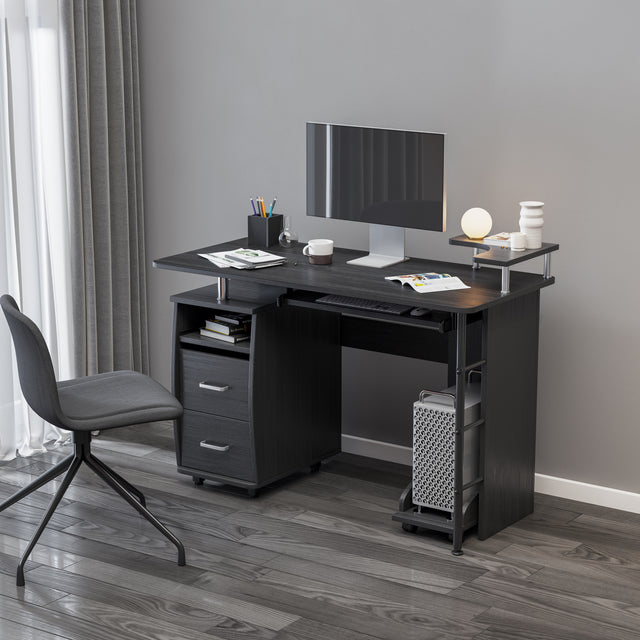 D&N solid wood computer Desk,office table with PC droller, storage shelves and file cabinet , two drawers, CPU tray,a shelf used for planting, single , black. 47.24''L 21.65''W 34.35''H