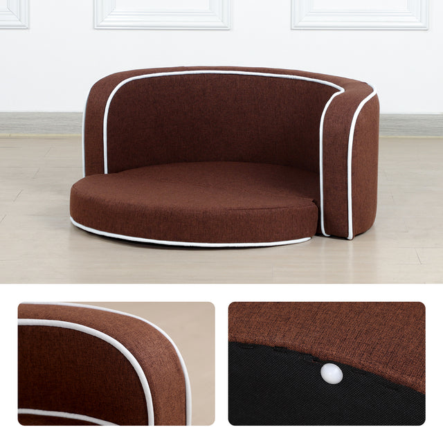 30" Brown Round Pet Sofa, Dog sofa, Dog bed, Cat Bed, Cat Sofa, with Wooden Structure and Linen Goods White Roller Lines on the Edges Curved Appearance pet Sofa with Cushion
