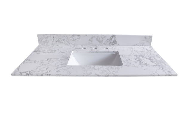 Montary 49‘’x22" bathroom stone vanity top engineered stone carrara white marble color with rectangle undermount ceramic sink and 3 faucet hole with back splash .