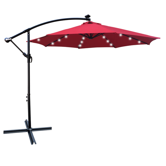 10 ft Outdoor Patio Umbrella Solar Powered LED Lighted 8 Ribs Umbrella with Crank and Cross Base for Garden Outside Deck Swimming Pool