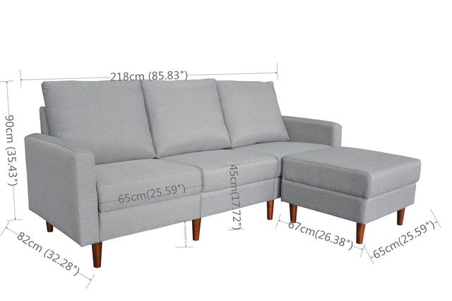 Redde Boo modern light gray fabric L shaped sofa, full K/D 3 seater sofa and stool with storage for living room sofa set