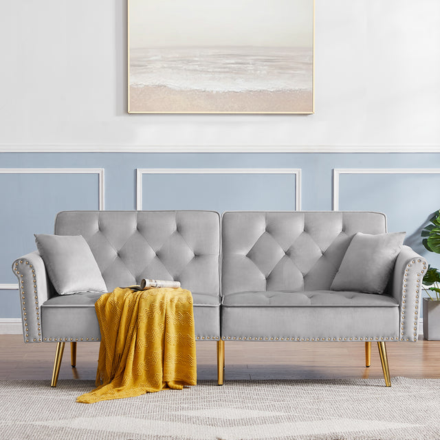 Modern Velvet Tufted Sofa Couch with 2 Pillows and Nailhead Trim, Loveseat Sofa Futon Sofa Bed with Metal Legs for Living Room.