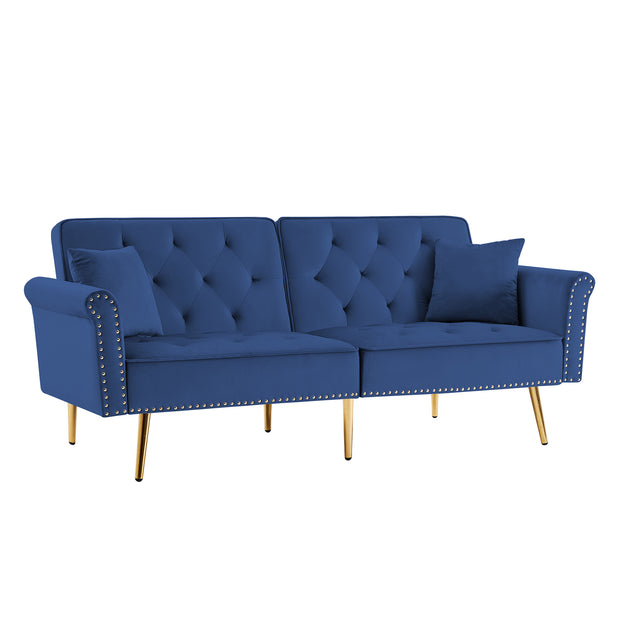 Modern Velvet Tufted Sofa Couch with 2 Pillows and Nailhead Trim, Loveseat Sofa Futon Sofa Bed with Metal Legs for Living Room.