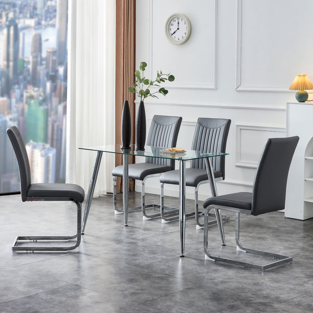 Modern Dining Plating leg Dining chair Chair, PU  Leather High Back Cushion Side  Chair with Vertical stripe backrest pattern for Dining Room Kitchen Vanity Patio Office Chair (Set of 4) (Grey+PU)