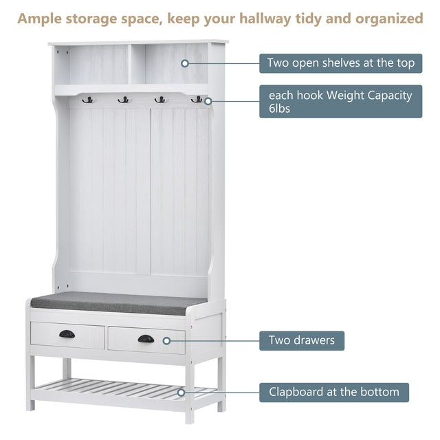 U-Can Hall Tree with 4 Hooks and Hinged Lid, Coat Hanger, Entryway Bench, Storage Bench, 3-in-1 Design, 69INCH, for Entrance, Hallway (White)